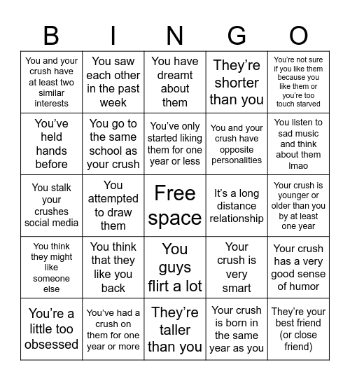 Irl crush bingo 😟 Bingo Card