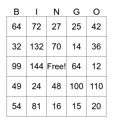 Multiplication Bingo Card