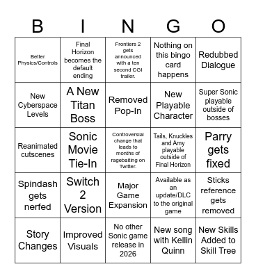 Sonic Frontiers: Definitive Edition Bingo Card