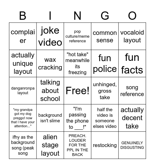 slime rant bingo ig Bingo Card