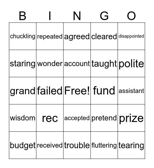 Vocabulary Lesson 18 Bingo Card