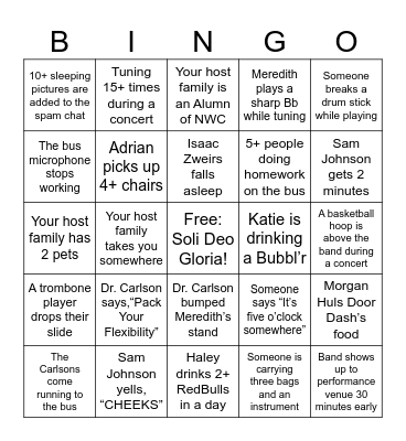Spring 2026 Symphonic Band Tour Bingo Card