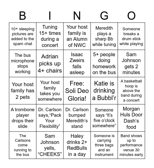 Spring 2026 Symphonic Band Tour Bingo Card