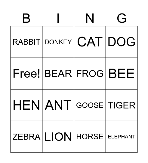 ANIMAL Bingo Card