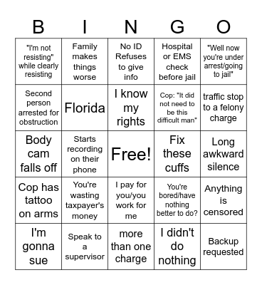 Cop Body Cam Bingo Card