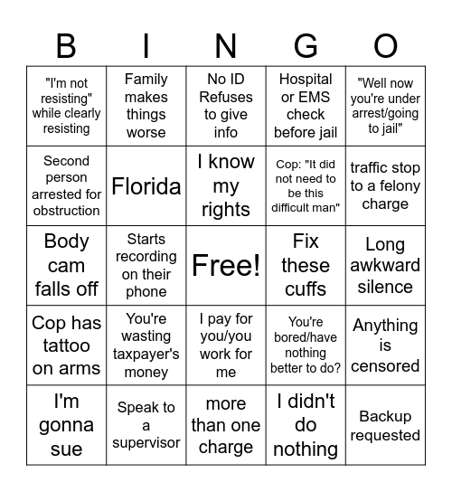 Cop Body Cam Bingo Card