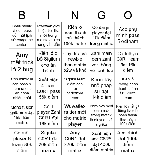 Matrix Bingo Card