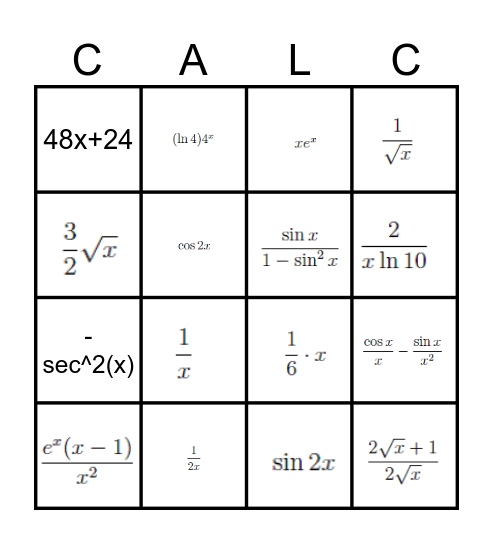 Derivatives Bingo Card