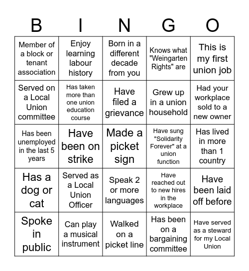 Solidarity Bingo! Bingo Card