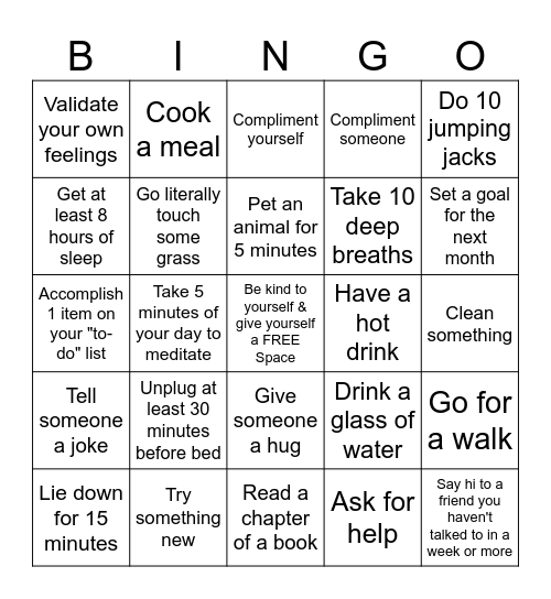 Self Care Bingo Card