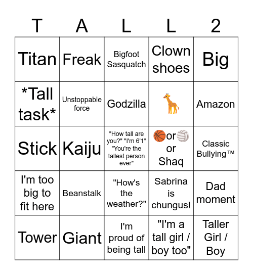Tall Girl 2: Purberty Stikes Back Bingo Card