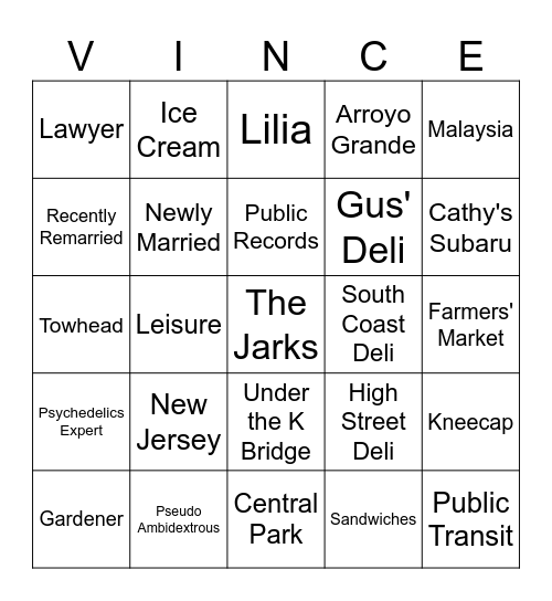 Irene and Vince Bingo Card
