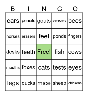 Plural Nouns Bingo Card