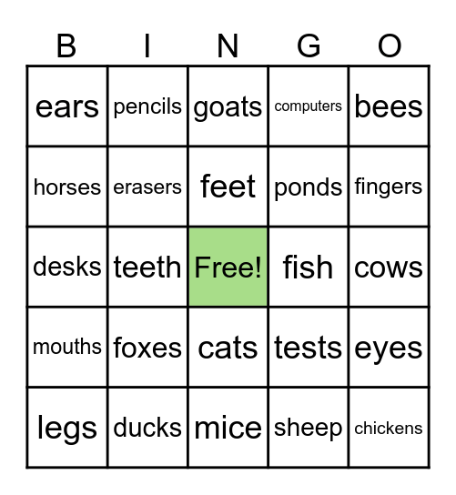Plural Nouns Bingo Card