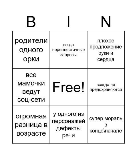 мама в 16 Bingo Card