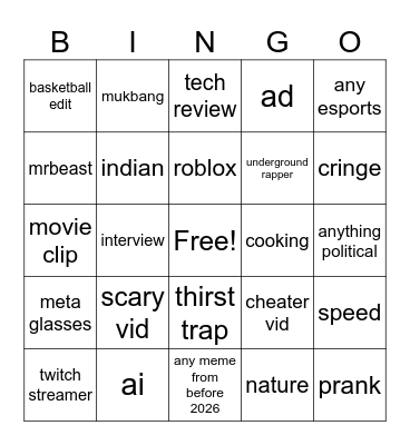 tiktok bingo 03/26/26 Bingo Card