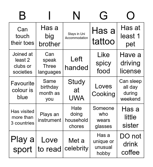 Icebreaker Bingo Card
