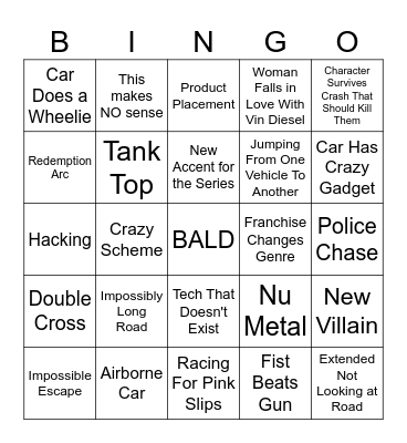 Fast and Furious Bingo Card
