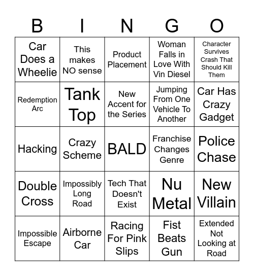 Fast and Furious Bingo Card