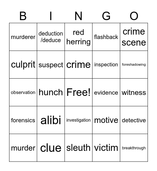 Mistery Vocabulary Terms Bingo Card