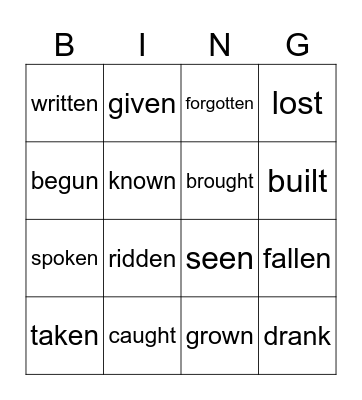 IRREGULAR VERBS (PAST PARTICIPLE) Bingo Card