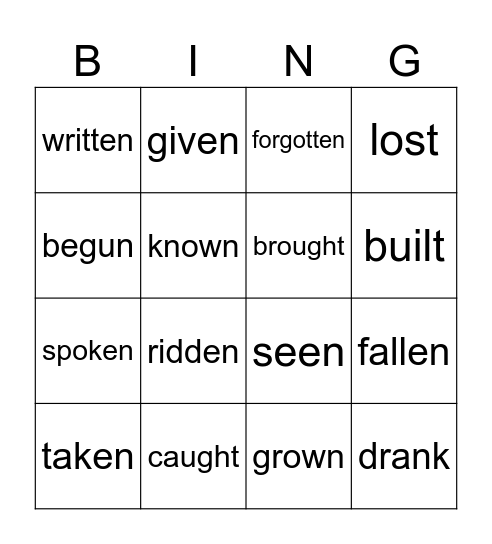 IRREGULAR VERBS (PAST PARTICIPLE) Bingo Card