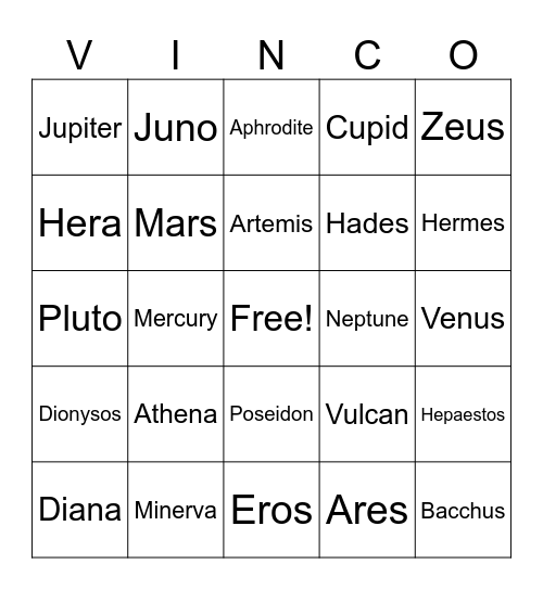 Greek & Roman Olympian Gods Bingo Card