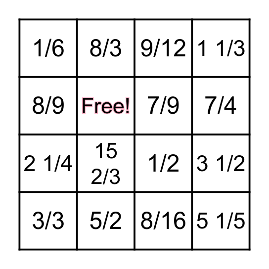 Adding and Subtracting Fractions Bingo Card