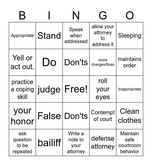 Courtroom Behavior/ Do's and Don'ts Bingo Card
