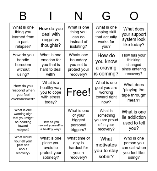 Relapse Prevention Bingo Card