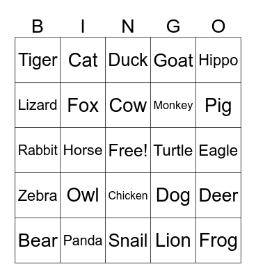 Animals Bingo Card