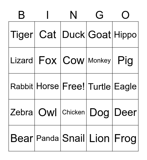 Animals Bingo Card