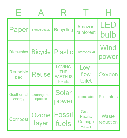 Earth Day Bingo Card