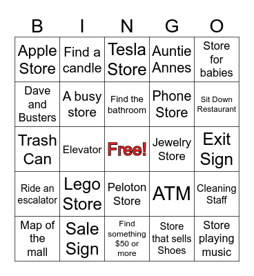 Natick Mall Bingo Card