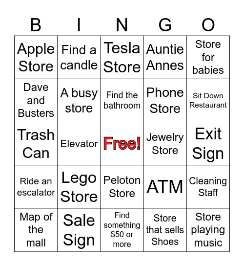 Natick Mall Bingo Card
