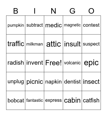 Multisyllabic  Words Bingo Card