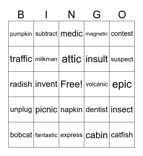 Multisyllabic  Words Bingo Card