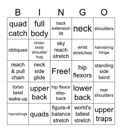 Stretching to Prevent Injuries Bingo Card