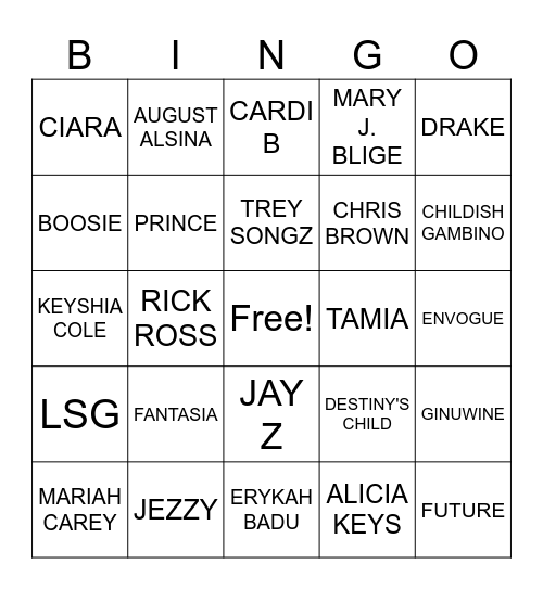 R & B Bingo Card