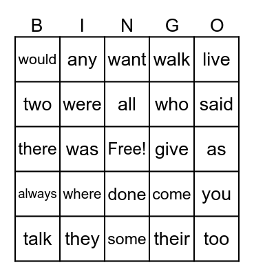 Sight Words Bingo Card