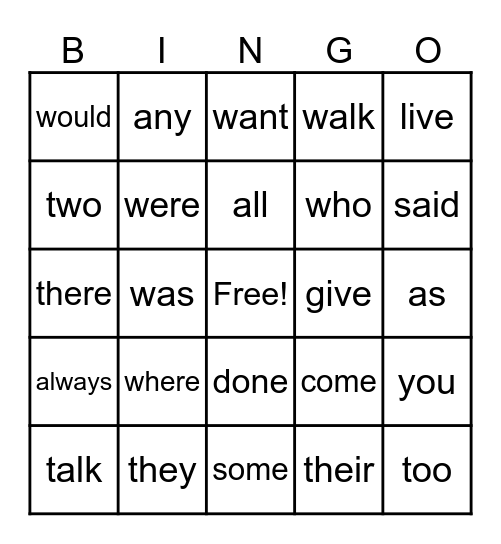 Sight Words Bingo Card