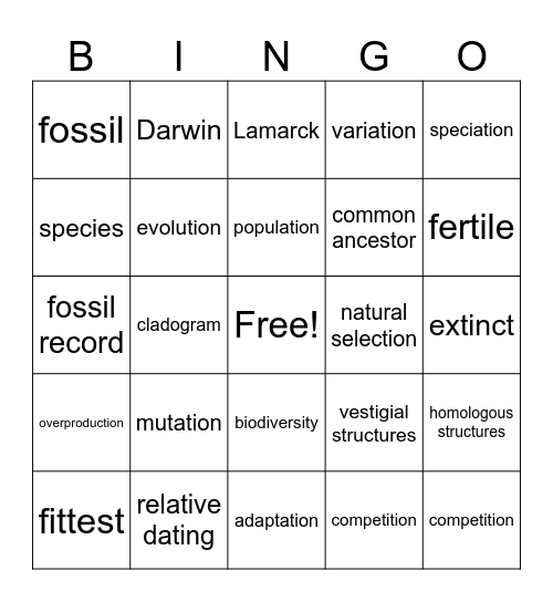 Evolution Bingo Card