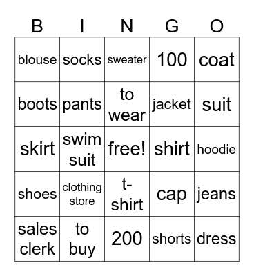 Clothing & Numbers Bingo Card