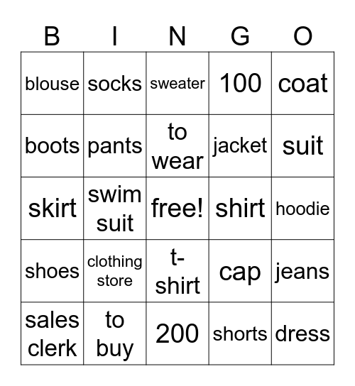 Clothing & Numbers Bingo Card