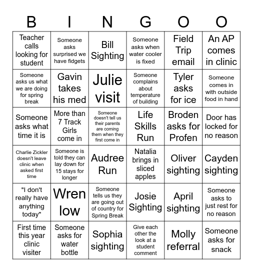 Clinic Bingo Card