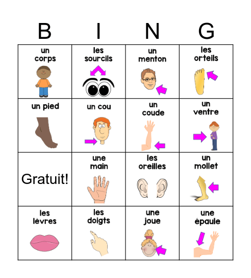 Les Parties du Corps Bingo Card