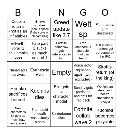 Honkai Star Rail 4.X bingo (as of 4.1) Bingo Card
