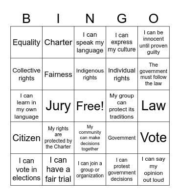 Rights and Freedoms Bingo Card