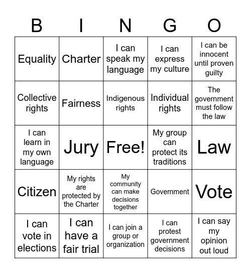Rights and Freedoms Bingo Card