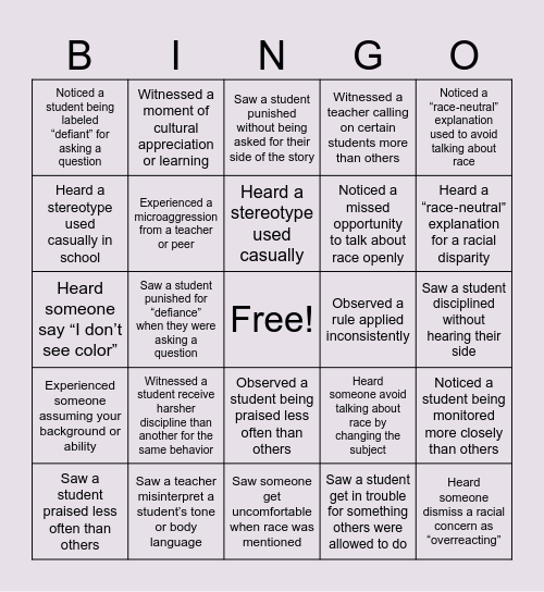 School Experience Bingo: Bias, Race & Awareness Bingo Card